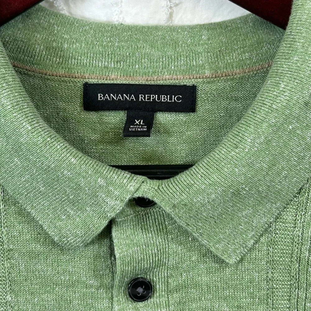 Banana Republic Linen Blend Polo Sweater Men XL Green Textured Knit Short Sleeve
